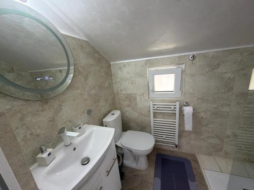 a bathroom with a toilet and a sink and a mirror at Lucatony's Guesthouse in Cîmpeni