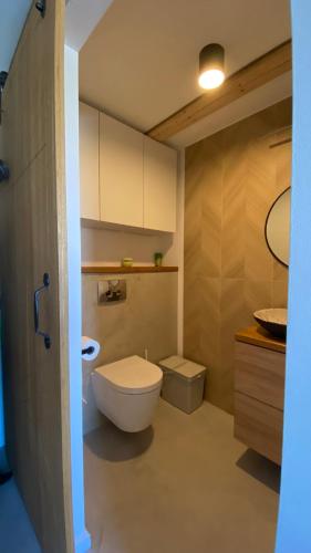 a bathroom with a toilet and a sink at Grudza83 Bikepoint in Mirsk