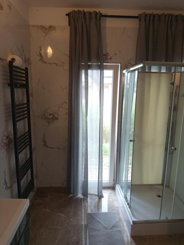 a bathroom with a glass shower and a window at Áporka vendégház in Áporka