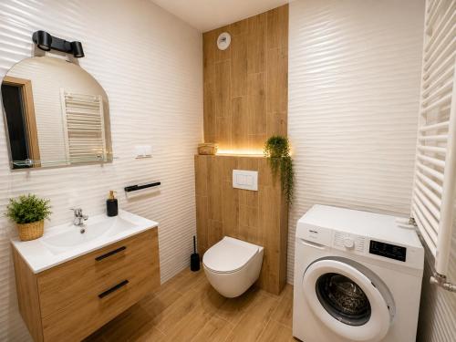 a bathroom with a washing machine and a sink at Apartament Dolina Baryczy in Żmigród