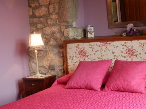 a bedroom with a bed with pink sheets and a lamp at Posada El Salin in Muñorrodero