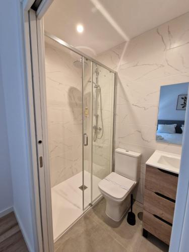 a bathroom with a shower and a toilet and a sink at Casa da Villa in Monção