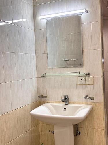 a bathroom with a sink and a mirror at Johannes Nest in Gampola