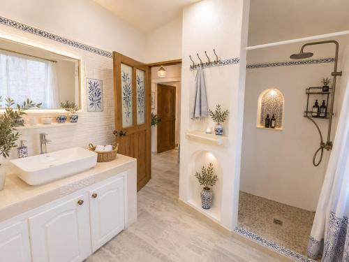 a bathroom with a sink and a shower at villa3tours in Albion