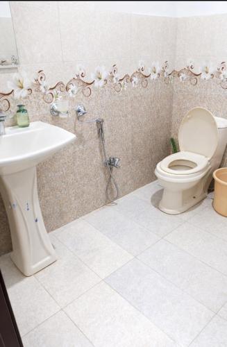 a bathroom with a toilet and a sink at Hotel Red Roof & Restaurant in Abbottabad