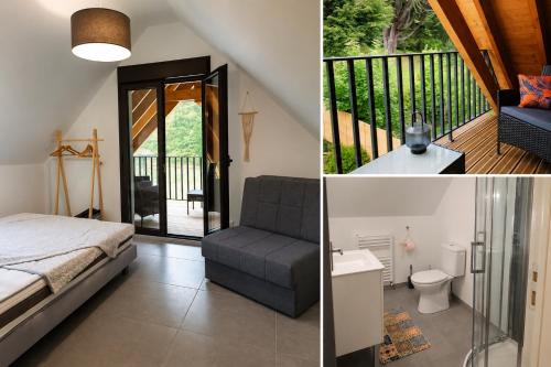 a bedroom with a bed and a balcony at Gîtes chez Sylvie in Arreau
