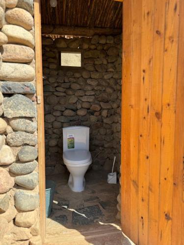a bathroom with a toilet in a stone wall at Mars Canyon Yurt Camp in Tong