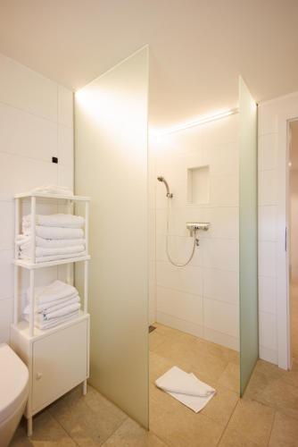 a bathroom with a shower and a toilet and towels at Ferienwohnung Fuchsfelsen, perfekt für Familien mit Kindern in Häusern