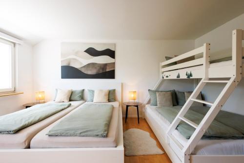 a room with two bunk beds and a ladder at Ferienwohnung Fuchsfelsen, perfekt für Familien mit Kindern in Häusern