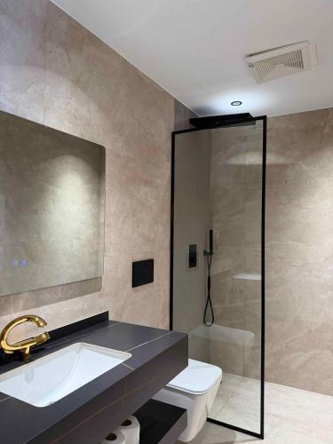 a bathroom with a toilet and a sink and a shower at Hotel Roden in Golem