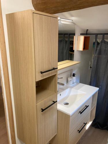 a bathroom with a sink and a cabinet with a sink at Gîte de Lafeuillade in Montech