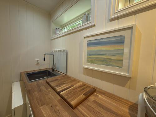a kitchen with a sink and a wooden floor at Flakstadveien - Sentralt, midt i Lofoten in Napp