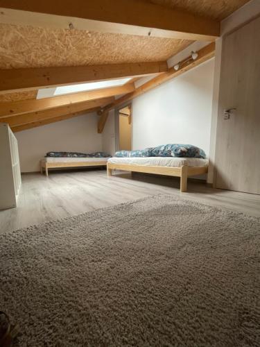 a room with two bunk beds and a rug at Apartmán na Břehách in Veselí nad Moravou