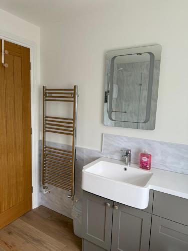 a bathroom with a sink and a mirror at 25 Birch House in Oswestry