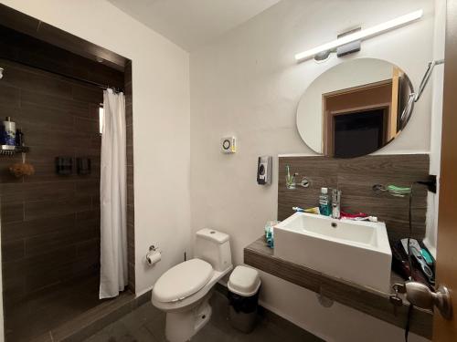 a bathroom with a toilet and a sink and a mirror at Casa súper Equipada Cumbres Dominio in Monterrey