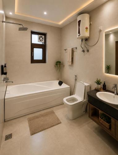 a bathroom with a tub and a toilet and a sink at Hotel Oxygen La Vida-Noida Sector 18 in Noida