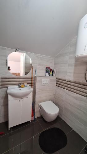 a bathroom with a white toilet and a mirror at Coco free parking in Pržno