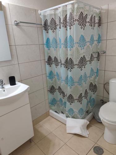 a bathroom with a shower curtain and a toilet at Afrodite's Room 1 in Kámbos