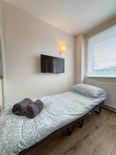 a bedroom with a bed with a flat screen tv on the wall at The Lodge Mews in Shaw Mills