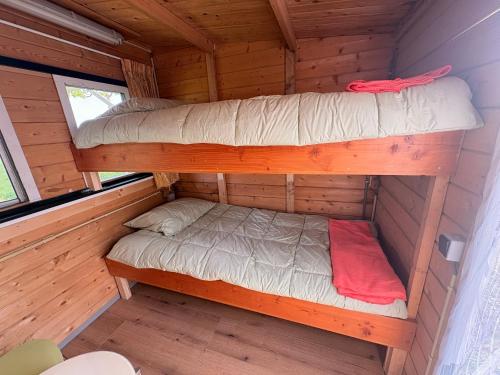 a bedroom with two bunk beds in a cabin at Dekema Equestrian Trekkershutjes in Gorredijk