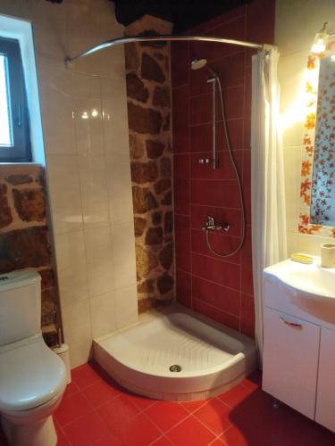 a bathroom with a shower and a toilet and a sink at Lithos Villas Komitsa in Metókhion Koumítsas