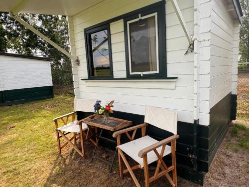two chairs and a table on the side of a house at Dekema Equestrian Trekkershutjes in Gorredijk
