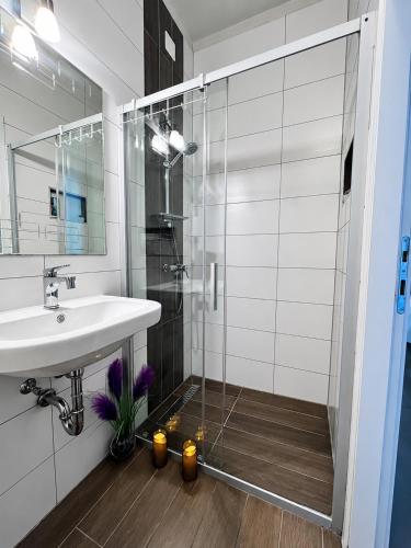 a bathroom with a glass shower and a sink at Studio apartment with pool in Pula