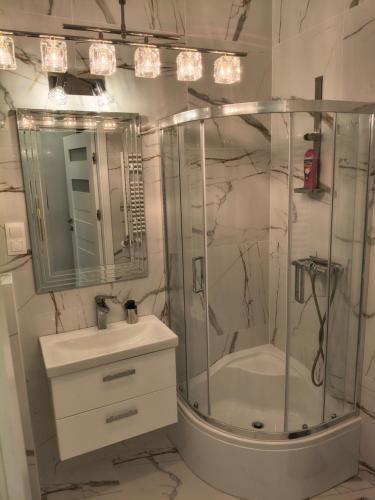 a bathroom with a glass shower and a sink at Apartament przy Matce Polce in Łódź