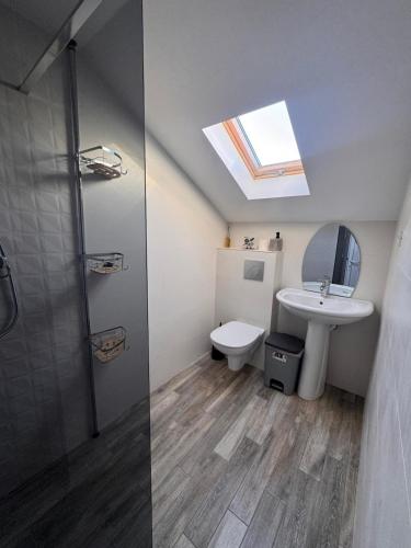 a bathroom with a sink and a toilet and a skylight at Casa Silvia in Eforie Nord