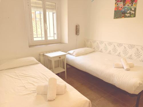 two twin beds in a room with a window at San Millán 1 in Soria