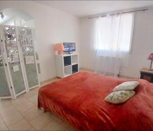 a bedroom with a red bed with pillows and a television at Chez Lulu Grand Studio Cote Jardin avec Veranda in Saint-Sernin