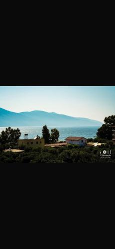 a view of the ocean with mountains in the distance at Hotel Dini in Vlorë