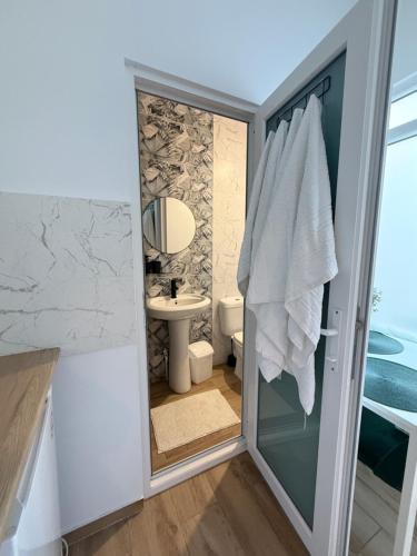a bathroom with a toilet and a sink at Vila Luna in Năvodari