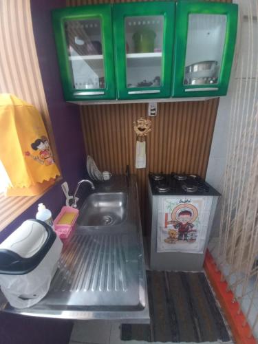 a kitchen with a sink and a stove and green cabinets at Aracaju Suite - Wi-Fi, Ar e Ótima Localização in Aracaju