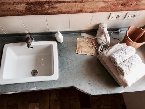 a bathroom counter with a sink and towels on it at Fondo Giardinetto in San Cesario sul Panaro
