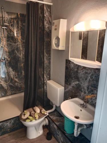 a bathroom with a sink and a toilet and a sink at Katharinas Ankerplatz in Flensburg