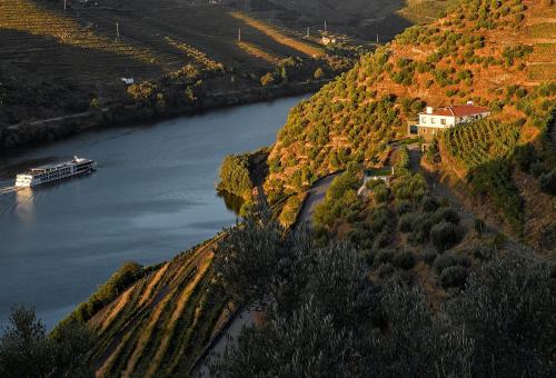 a river with a boat in the middle of a valley at Quinta Da Marka in Covas do Douro