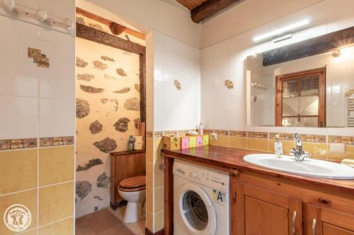 a bathroom with a sink and a washing machine at Les Gîtes Chapô Julô in Giez