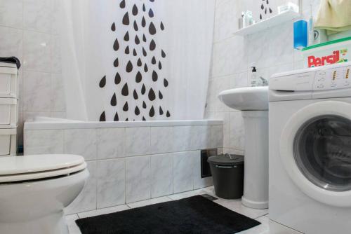 ein Badezimmer mit einem WC und einer Waschmaschine in der Unterkunft Spacious 1-bedroom apartment in Novi Sad