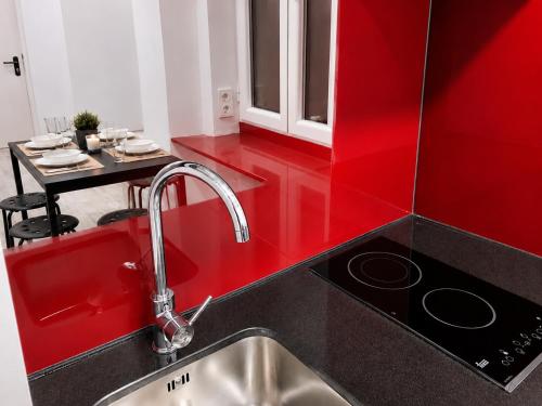 a kitchen with a sink and a red wall at Smart-Tech Plaza Apartment in Salamanca