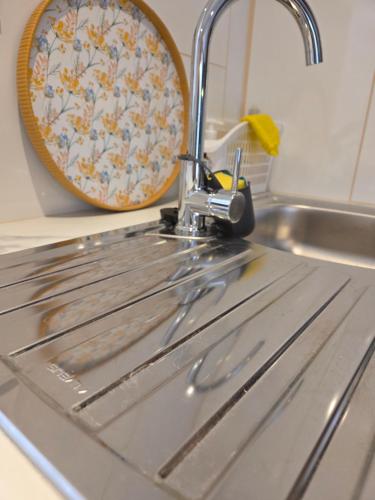 a kitchen sink with a faucet and a plate at Lazy Days Gite in Rancon