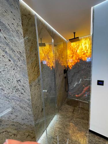 a shower with a glass door in a bathroom at Apartament 1 Lalelelor in Năsăud