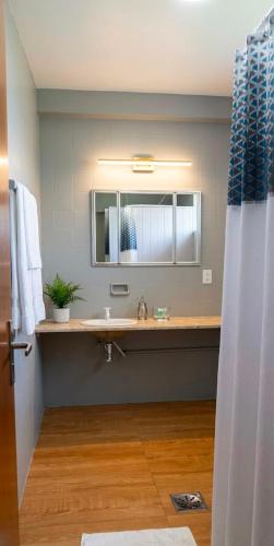 a bathroom with a sink and a mirror at Vintagyn Hostel in Goiânia