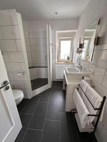 a bathroom with a sink and a shower and a toilet at Haus 1a in Lauterecken