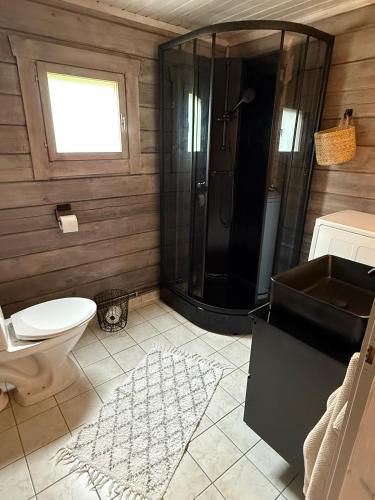 a bathroom with a shower and a toilet and a sink at Karnes Lodge in Oksevik