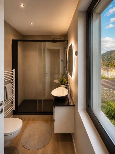 a bathroom with a toilet and a sink and a window at Residence L'Horizon in Murat-le-Quaire