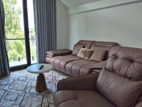 a living room with a couch and a table at Luxury apartmans in Mavrovo