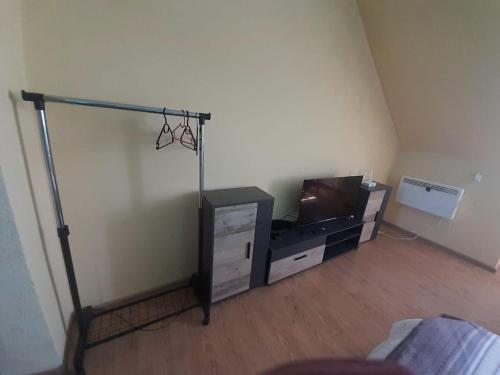 a living room with a tv and a basketball hoop at Apartament Przytulny in Ogrodzieniec