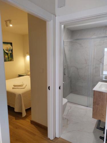 a bathroom with a bed and a tub and a shower at Sweet Hill Bilbao in Bilbao