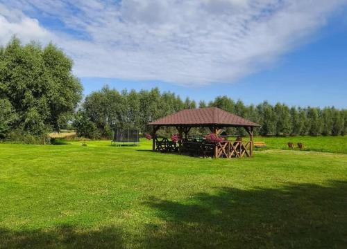 a group of people sitting in a gazebo in a field at Nad Krolewiecka in Sztutowo